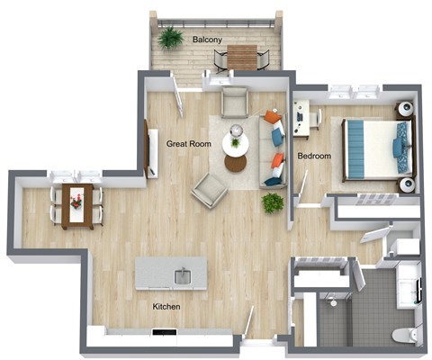 Floor plan for 1 bed, 1 bath, 841 sqft